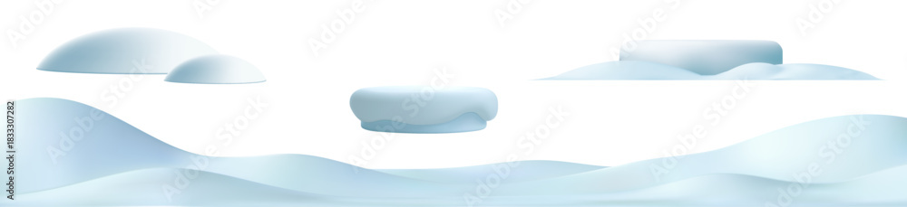 Fototapeta premium 3d snow hill and white podium. Wavy snowdrift winter podium, white mountain border. Vector element illustration for poster, winter greeting card, product presentation