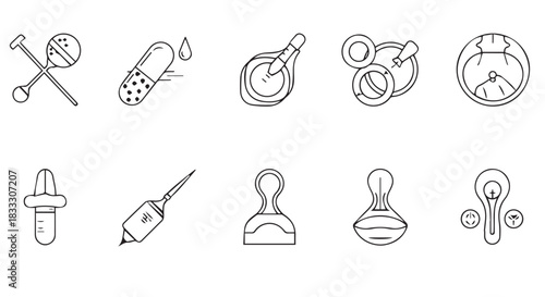 Various Black and White Line Drawings of Medical and Chemical Equipment, Supplies, and Instruments in Rows on White