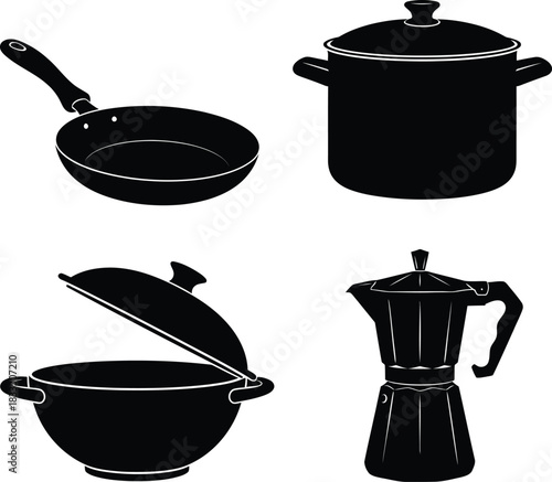 Four kitchen utensils silhouettes on white background, vector illustration set.