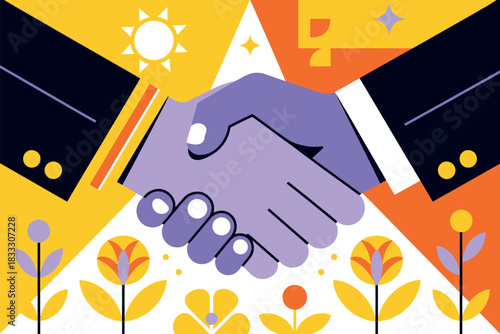 Two hands shake in agreement against a backdrop of abstract shapes and stylized plants.