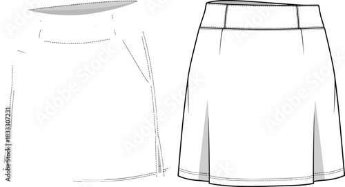 Technical Fashion Flat Sketch of a Woman's Sport Tennis Skirt or Skort Apparel with Waistband and Pleats for Design and Production Ready Clothing Template