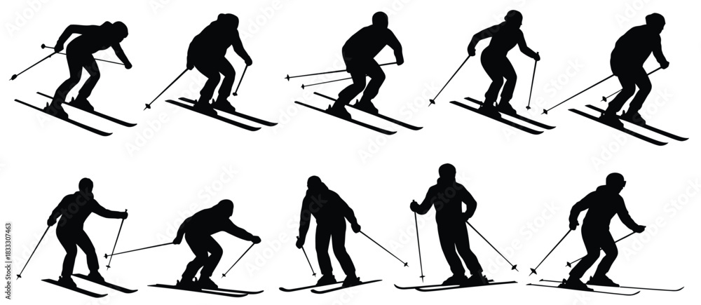 Obraz premium Skier Silhouette Set Featuring Athletes in Dynamic Motion, Downhill Skiing Poses, Winter Sports Actions, Extreme Snow Adventure Elements, and Clean Black Icons for Outdoor Design Use