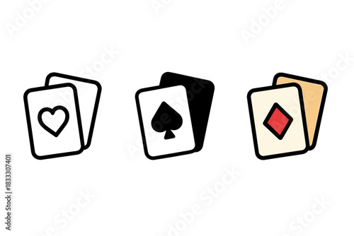 Collection of playing card icons featuring heart, spade, and diamond symbols in outline, solid, and color graphic styles