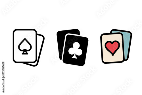 Playing card symbols showing spade, club, and heart suits in various styles for gambling and game design