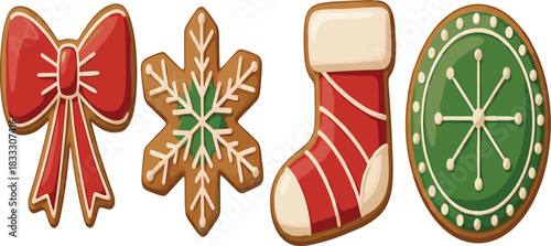 Collection of Traditional Christmas Gingerbread Cookies with Frosting Decorations Shaped like Bow, Snowflake, and Stocking Vector