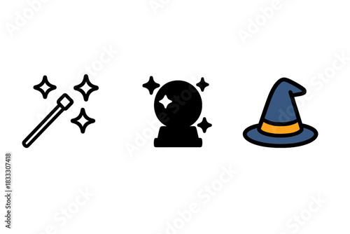 Magic and wizardry elements featuring a sparkling wand, crystal ball, and classic witch hat
