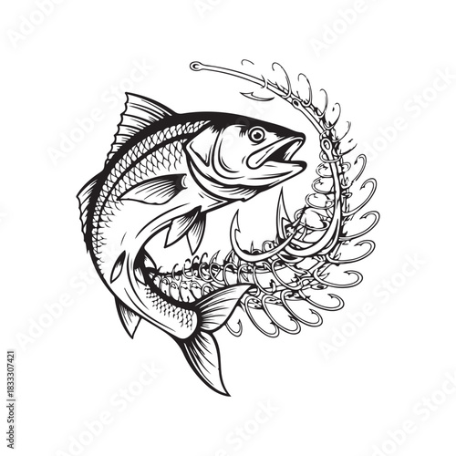 Vintage Fishing Hook with Fish engraving outline vector art illustration design, Fish silhouette, hand drawn, line art fish design	