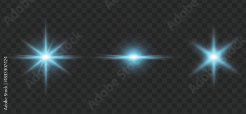 Collection of three bright cyan blue light flare and star burst effects isolated on a transparent background