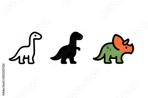 Minimalist dinosaur symbols collection featuring outline, silhouette, and colorful graphics