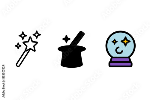 Magic and fortune telling icon set with wand, top hat, and crystal ball symbols