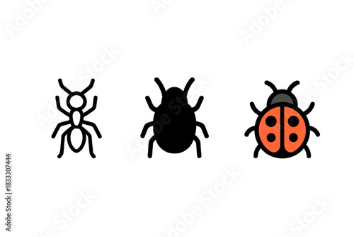 Three insect symbols including ant, bug silhouette, and colorful ladybug beetle