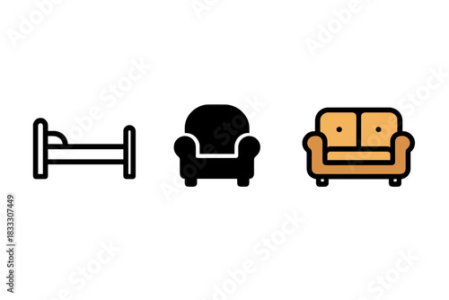 Set of essential home furniture symbols: bed, single armchair, and double sofa