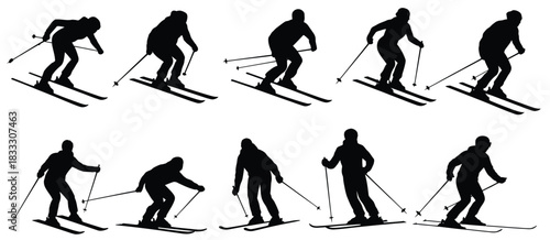 Skier Silhouette Set Featuring Athletes in Dynamic Motion, Downhill Skiing Poses, Winter Sports Actions, Extreme Snow Adventure Elements, and Clean Black Icons for Outdoor Design Use