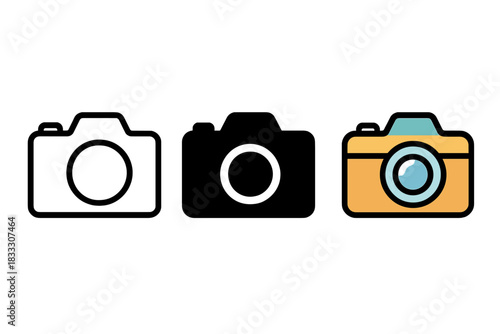 Three photographic camera symbols in outline, solid black, and colorful flat design styles