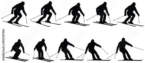 Skier Silhouette Set Featuring Athletes in Dynamic Motion, Downhill Skiing Poses, Winter Sports Actions, Extreme Snow Adventure Elements, and Clean Black Icons for Outdoor Design Use