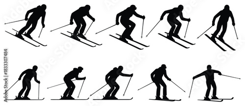 Skier Silhouette Set Featuring Athletes in Dynamic Motion, Downhill Skiing Poses, Winter Sports Actions, Extreme Snow Adventure Elements, and Clean Black Icons for Outdoor Design Use