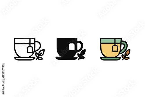 Hot tea cup icon variations with tea bag and fresh leaves on saucer