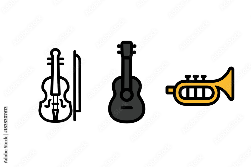 Naklejka premium Stylized set of musical instruments including violin, acoustic guitar, and trumpet icons