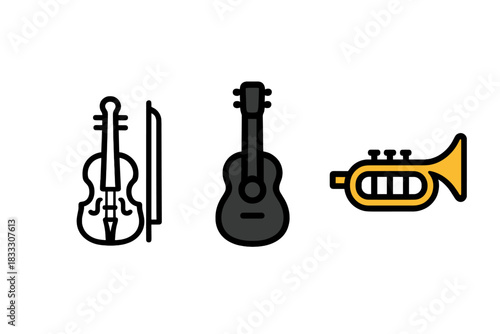 Stylized set of musical instruments including violin, acoustic guitar, and trumpet icons