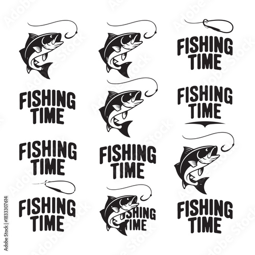 Set of Vintage Fishing Hook with Fish engraving outline vector art illustration design, Fishing time tshirt design, hand drawn, Gone Fishing art fish design	