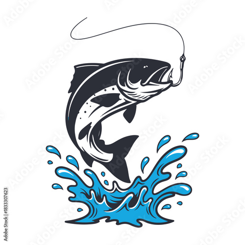 Vintage Fishing Hook with Fish engraving outline vector art illustration design, Fish silhouette, hand drawn, line art fish design	
