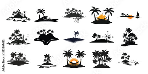 Tropical island silhouette collection with palm trees and sunset vector illustration