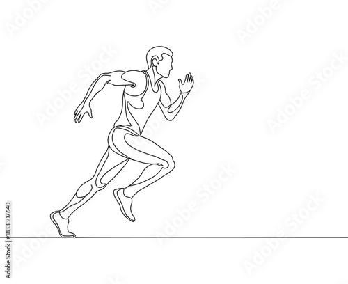Minimalist line art drawing of a muscular male athlete sprinting forward in a dynamic running pose
