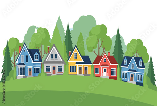Row of Colorful Suburban Houses on Green Hills with Pine Trees and Lush Background Representing Neighborhood or Real Estate Vector