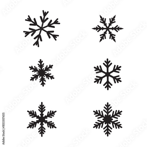 Six black snowflake icons isolated on a white background