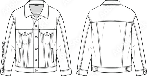 👕 Vector Denim Jacket Flat Sketch Technical Drawing Fashion Illustration Template CAD for Apparel Design Mockup Pack