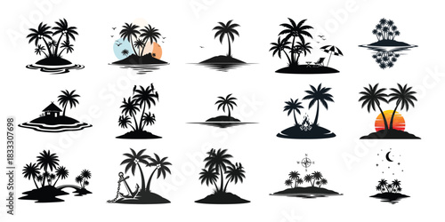 Tropical island silhouettes coconut palm trees and ocean scenery collection