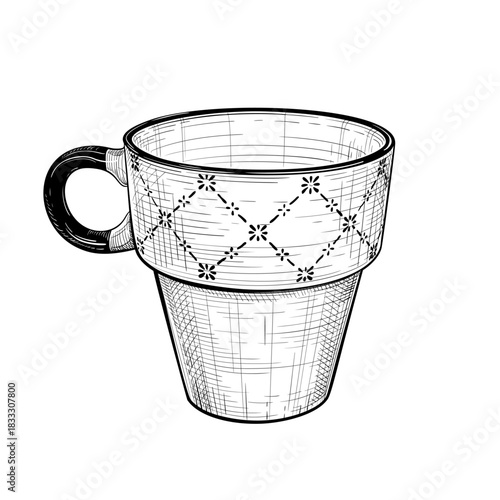 Vector hand drawn illustration of cup for tea or coffee in engraved style. Mug for hot drinks. Ceramic, glass, porcelain household kitchen utensils. Black and white sketch isolated on white background