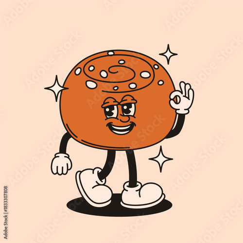 Groovy cinnamon bun character in retro style.