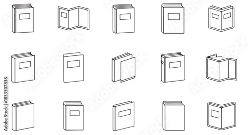 Collection of Fifteen Stylized Book Illustrations in Black and White, Depicting Various Perspectives and States, for Educational or Decorative Purposes
