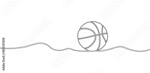 Minimalist black and white line art illustration of a basketball rolling along a dotted path