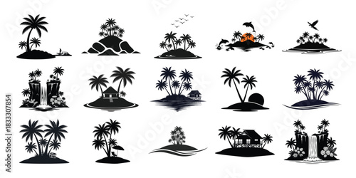 Tropical island silhouettes collection with palm trees and exotic vegetation