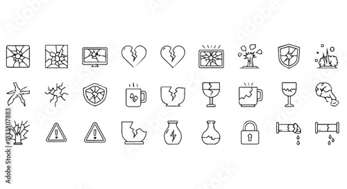 Collection of Distressed Icons Representing Broken Items and Abstract Concepts in Outline Style, Set Against a White Background