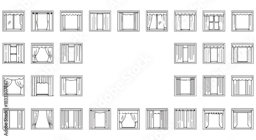 Variety of Window and Curtain Styles An Extensive Illustration of Window Treatment Designs and Architectural Elements Showcase.