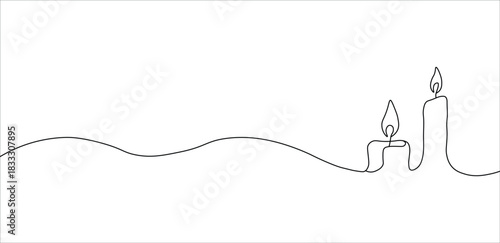 Minimalist continuous line drawing of two burning candles connected by a dashed line