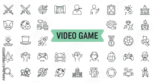 Collection of Video Game Related Iconography, Representing Different Aspects Such as Adventure, Strategy, Skill, Collaboration, and Entertainment