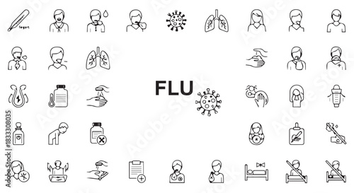 Flu Prevention and Symptoms Icons A Collection of Healthcare and Wellness Images Depicting Illness, Treatment, and Hygiene Practices