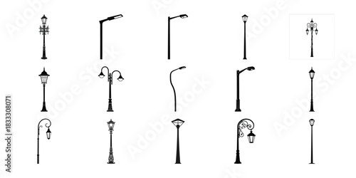 Street light silhouette collection diverse urban lighting fixtures