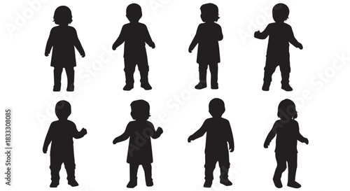 Eight Silhouetted Toddlers in Various Poses Against a White Background, Suggesting a Sense of Playfulness and Childhood Innocence