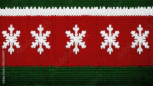Christmas sweater pattern with white snowflakes on green and red knitted background, horizontal striped knitting pattern with white stars and snowflake designs.
