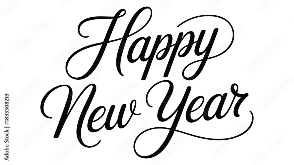 Fototapeta premium happy new year handwritten calligraphy text design in elegant black script typography on white background for festive celebration and greeting artwork