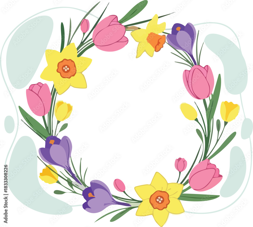 Naklejka premium Colorful Spring Flowers Wreath Daffodils, Tulips, and Crocuses in a Delightful Floral Circle
