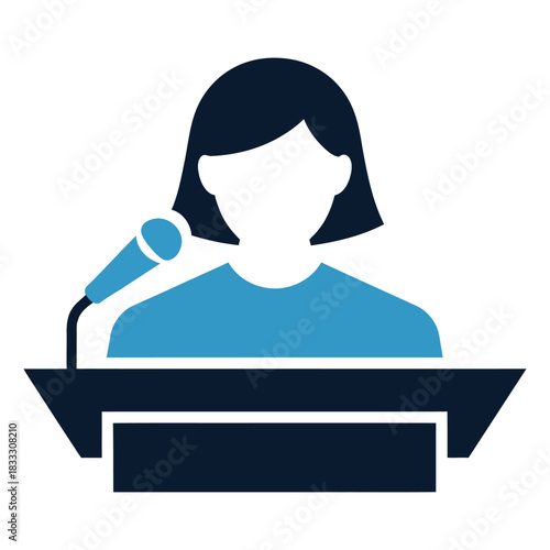 female speaker icon at podium with microphone, professional public speaking illustration representing leadership, presentation and communication concept