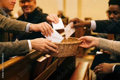 Hands placing white offering envelopes into a woven basket during church service, A Symbol of Generosity and Stewardship in a Religious Setting