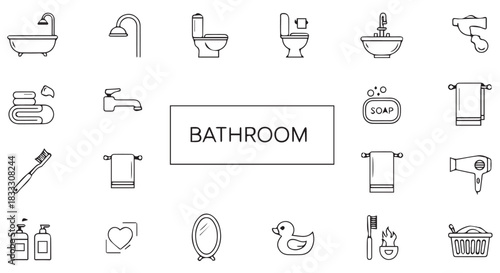 Bathroom essentials outlined, including bathtub, shower, toilet, sink, and various accessories for personal hygiene and care