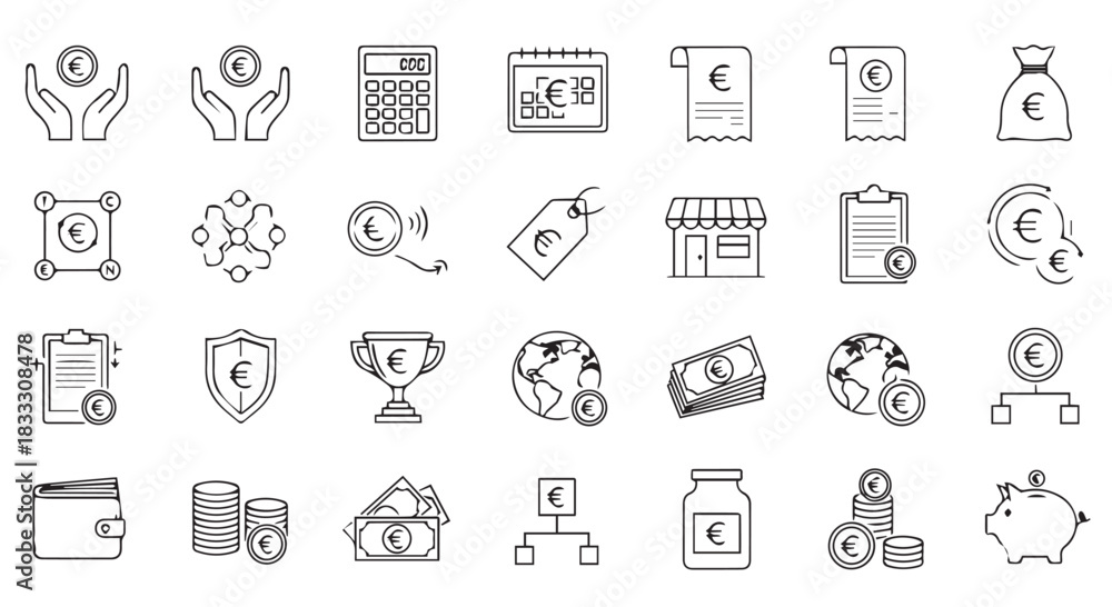 Fototapeta premium A collection of line art euro icons representing finance, economics, and moneyrelated themes such as savings, investments, and global economics